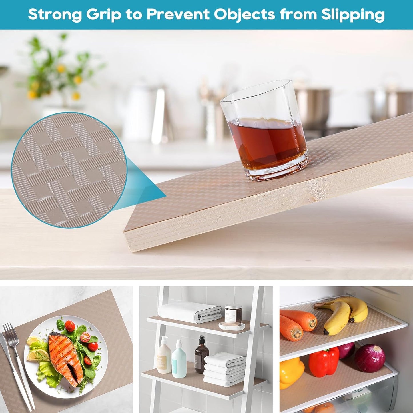 Beige Shelf Liners for Kitchen Cabinets Refrigerator Liners Waterproof & Oil-Proof Kitchen Cupboard Liner Drawer Mats EVA Material Non Adhesive Fridge Liner for Shelves 17.5 x 157.4 Inches