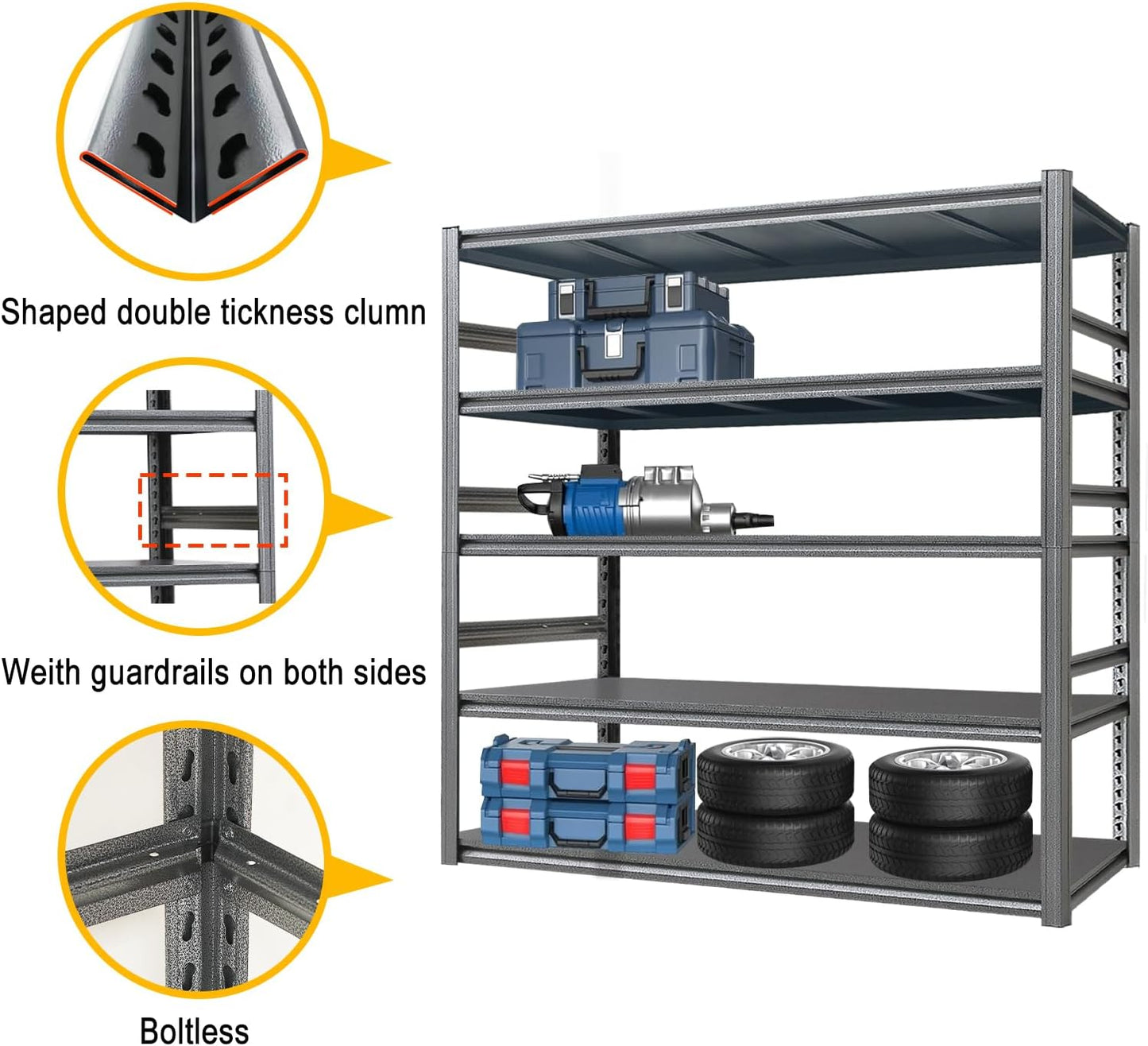 Storage Shelf 5-Tier Garage Shelving, Industrial Shelving with Guardrails, 2500LB Boltless Metal Shelves Heavy Duty for Storage Room, Warehouse, 18" D x 47.2" W x 72" H, Iron Black
