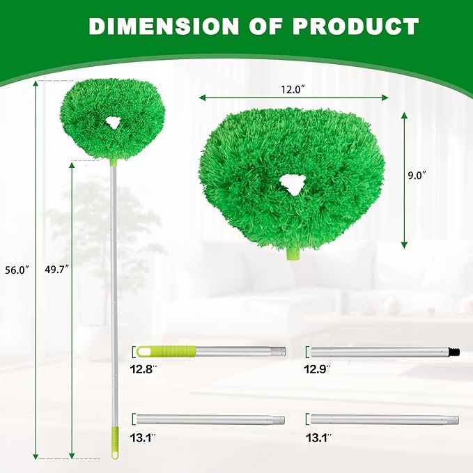 Ceiling Fan Cleaner Duster Reusable Microfiber Ceiling Fan Blade Cleaner Removable Duster with Extension Pole Adjusts 13 to 49.7 Inch for Cleaning Walls Bookshelves Furniture Door Window Top (Green)
