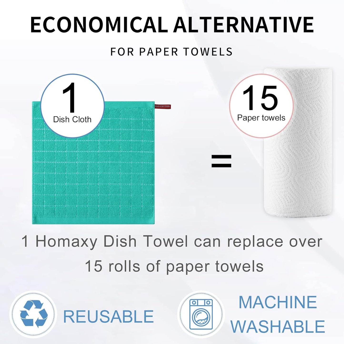 Homaxy 100% Cotton Terry Kitchen Dish Cloths, Ultra Soft and Absorbent Dish Towels for Kitchen, Suitable for Drying and Washing Dishes, 8 Pack, 12 x 12 Inches, Turquoise