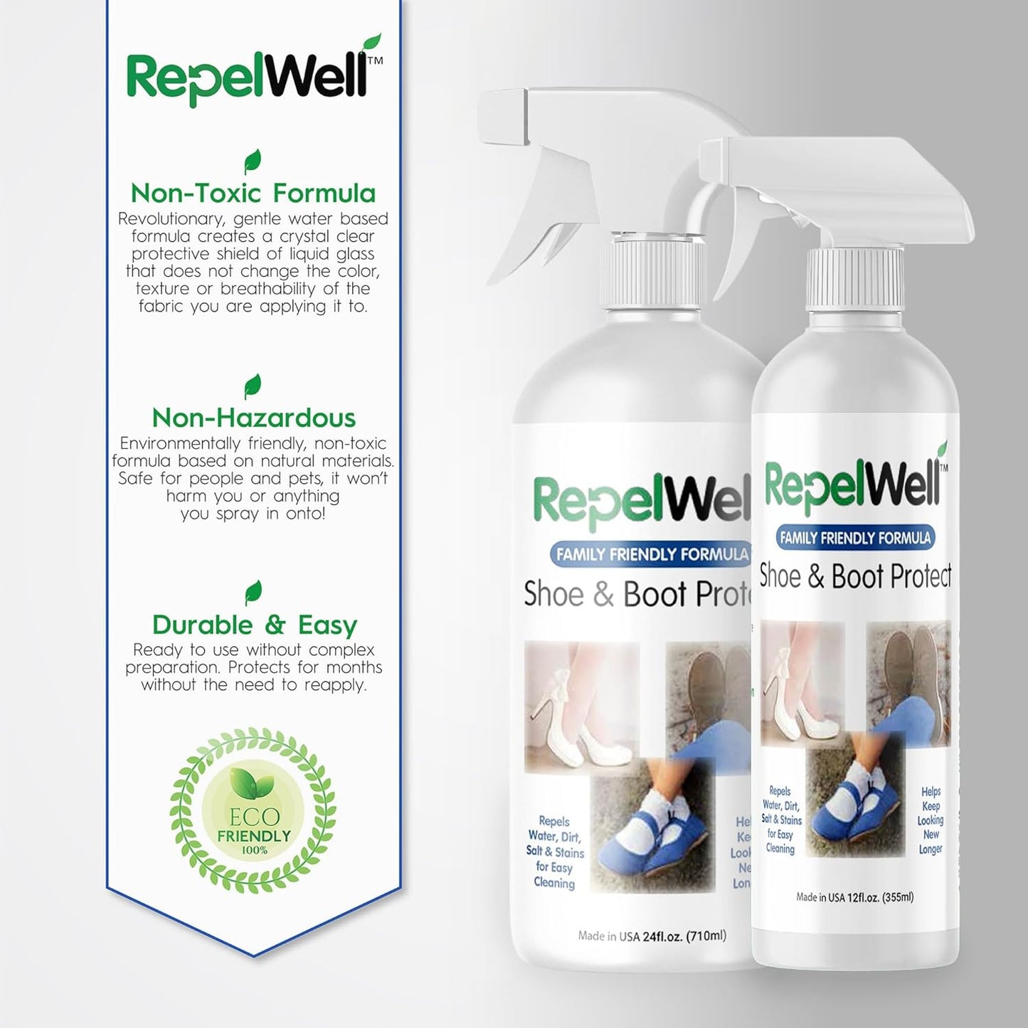 Shoe & Boot Stain & Water Repellent (12oz) Eco-Friendly, Pet-Safe Spray Keeps Fabric, Leather & Suede Clean & Dry