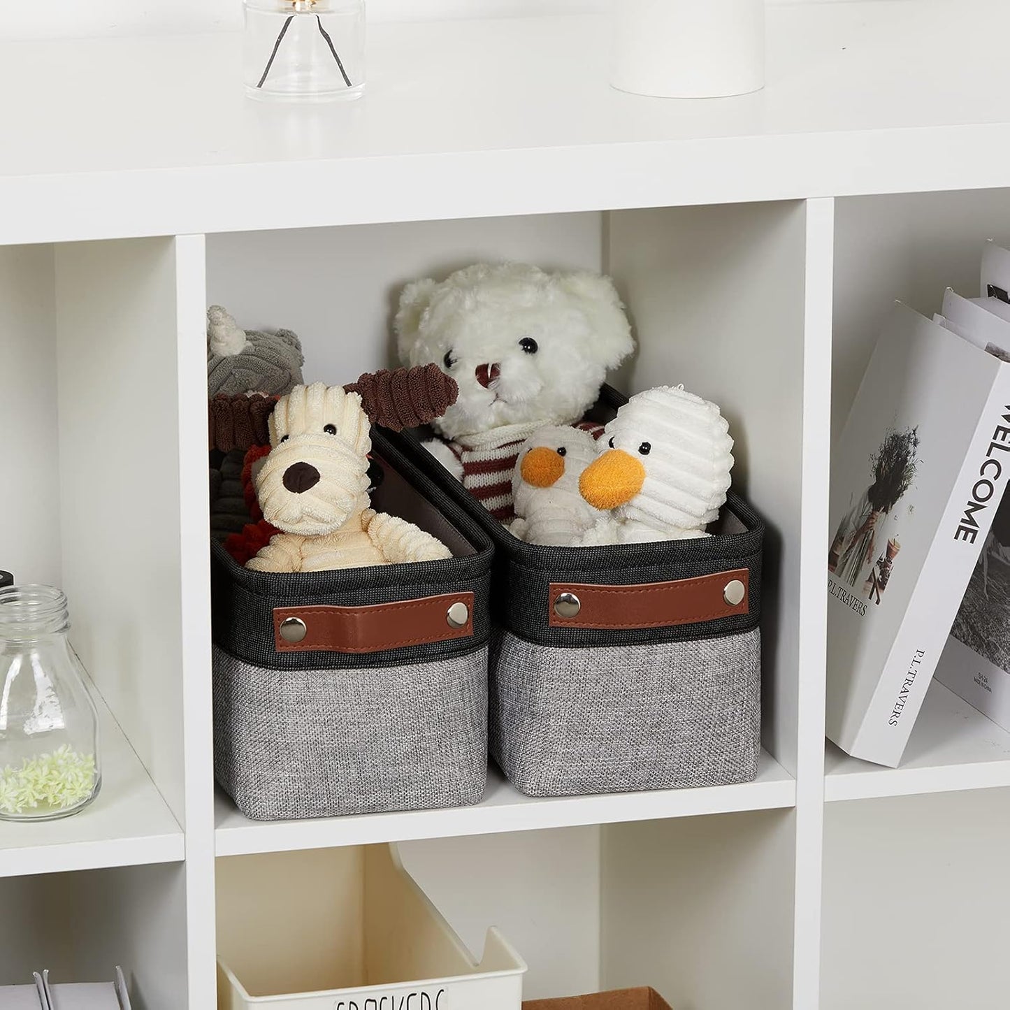 DULLEMELO Small Bathroom Baskets for Toilet Fabric Storage Baskets 2 Pack - 15"x6"x5.5" Foldable Fabric Organizer for Storage Decorative Storage Bins for Home,Closet(Black&Grey)