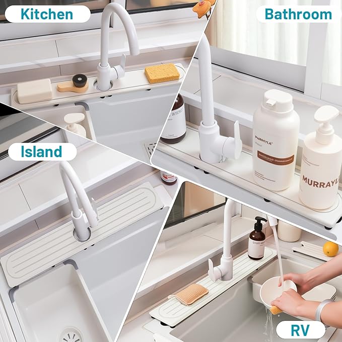 Faucet Mat for Kitchen Sink with Raised Feet, Fast Drying Diatomite Stone Sink Tray, Water Absorbent Faucet & Sink Splash Guard, Prevents Moisture Buildup, Durable Protector for Bathroom Counter