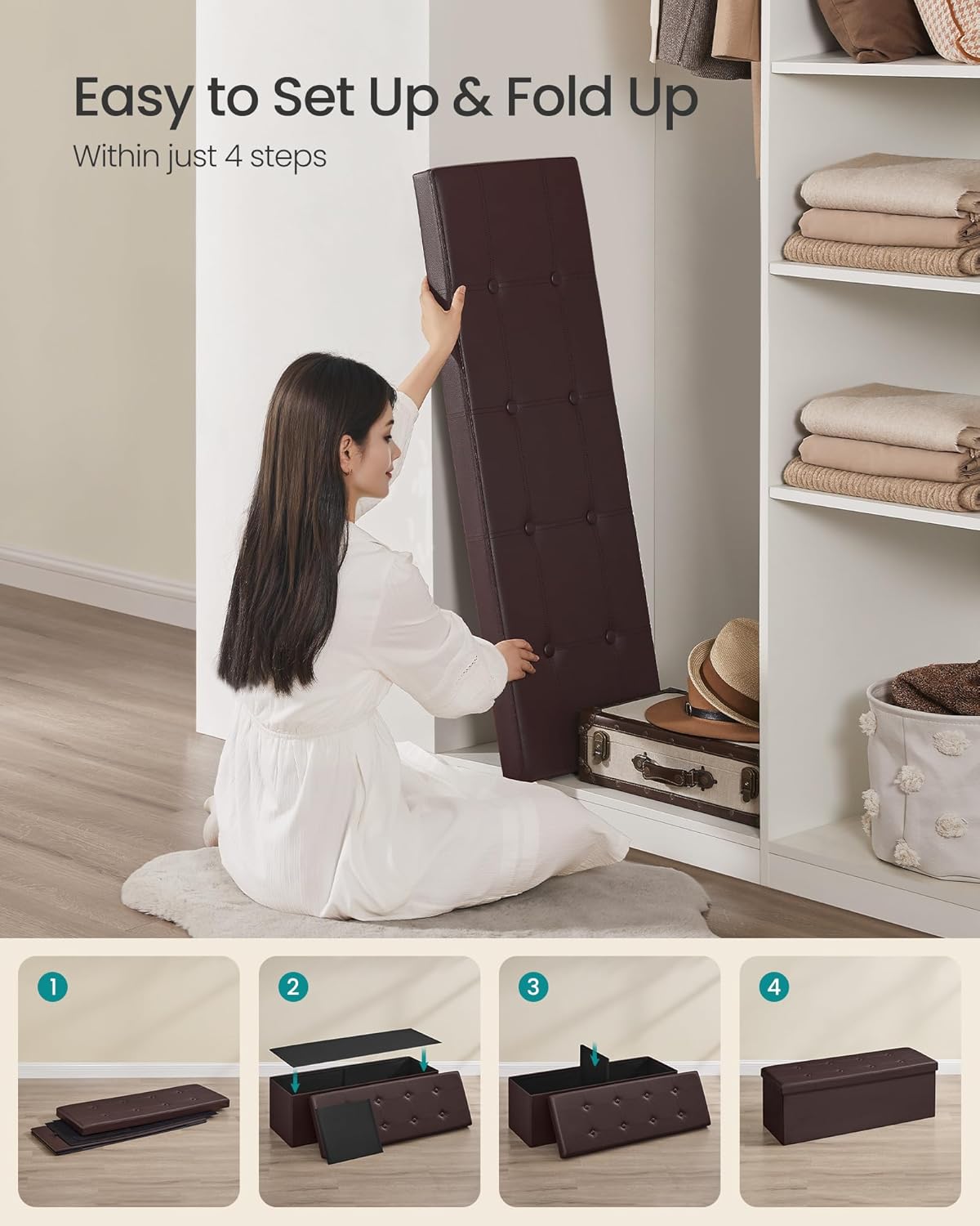 SONGMICS MAZIE Collection - 43 Inches Folding Storage Ottoman Bench, Ottoman with Storage, Foot Rest Stool, Load 660 lb, for Living Room, Synthetic Leather, Brown ULSF703