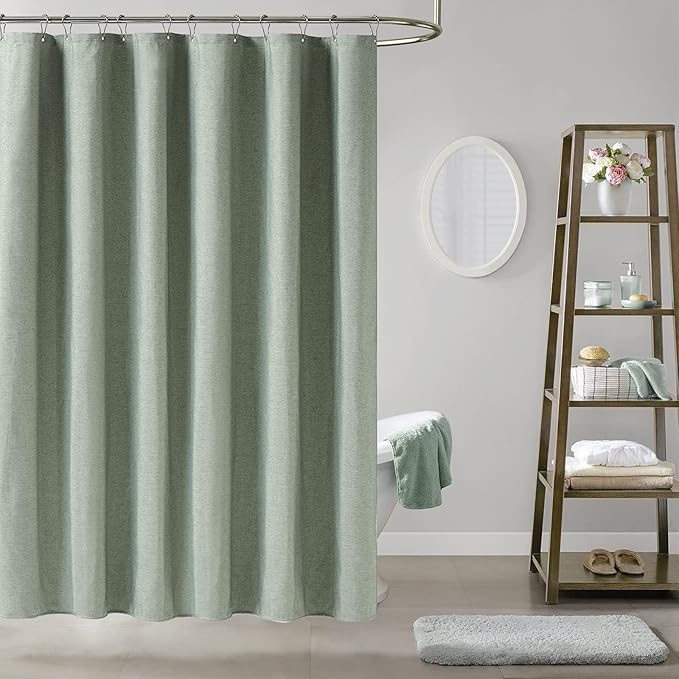 BTTN 84 Inch Wide Shower Curtain - W84xH72 Linen Textured Heavy Duty Fabric Shower Curtain Set with 14 Plastic Hooks, Large Hotel Simple Waterproof Polyester Bath Curtains for Bathroom - Sage Green