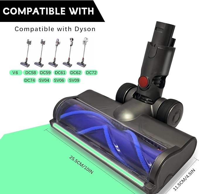 Vacuum Head Hardwood Floor Attachment for Dyson V6 DC58 DC59 DC61 DC Series Vacuum Cleaner, Replacement Cleaner Head with Full-Area LED Green Light, Quick-Release Design Hard Floors Short Pile Carpets