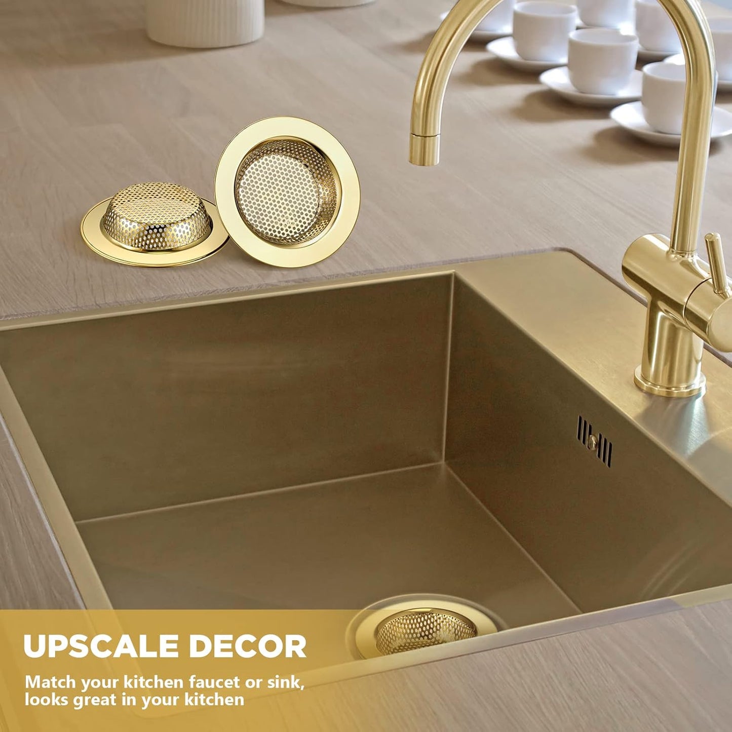 Retisee 2 Pcs Sink Strainer Stainless Steel Kitchen Sink Drain Strainer Basket Cover Mesh Hair Food Catcher, Large Wide Rim of 4.4 Diameter(Gold)