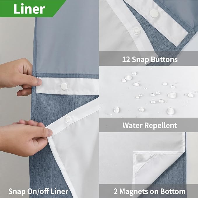 Stall No Hooks Needed Linen Textured Shower Curtain with Snap-in Fabric Liner Set,Hotel Luxury Decor Shower Curtains for Bathroom,Waterproof & Washable,60Wx74H,Blue Grey