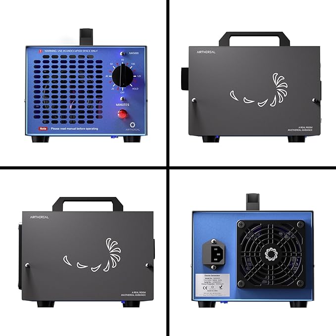 Airthereal MA5000 Commercial Ozone Generator, High Capacity Ozone Machine Odor Removal - Home Air Ionizers O3 Deodorizer for Rooms, Smoke, Cars and Pets, Eliminate Odors up to 2000sq.ft., Blue