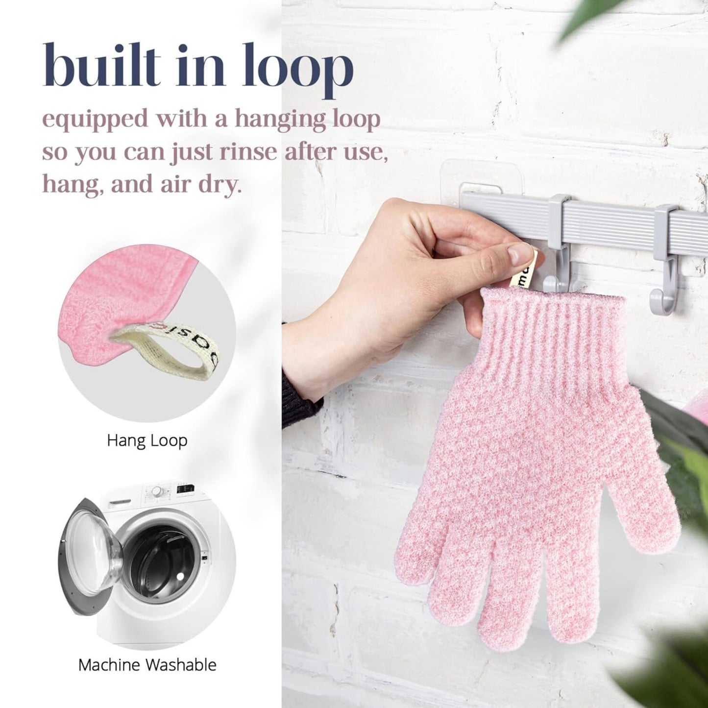 MainBasics Deep Cleansing Exfoliating Bath Gloves - Heavy-Textured Nylon Shower Scrub for Dead Skin Removal - Machine Washable with Hanging Loop (1 Pair, Soft Pink)