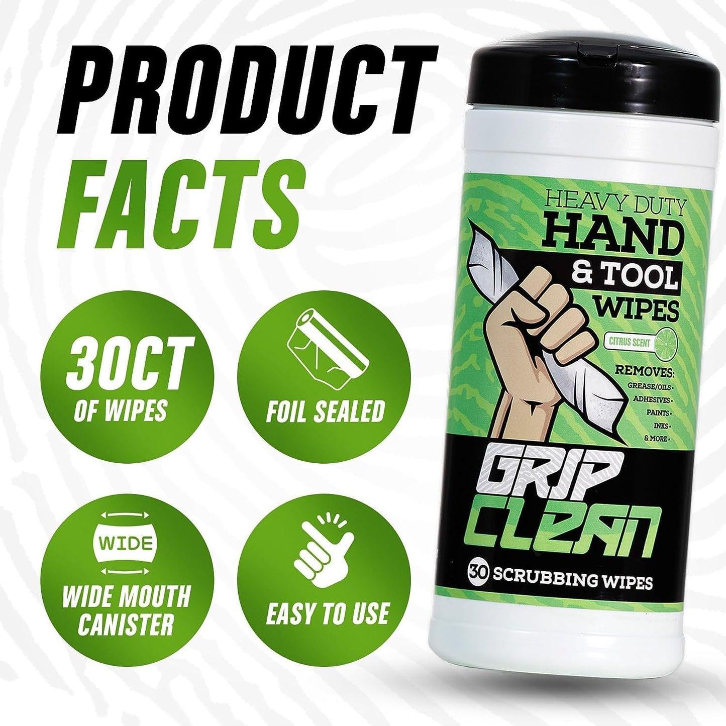 Grip Clean Heavy Duty Hand & Tool Cleaning Wipes β Waterless Hand Cleaner for Mechanics, Garage & Shop Use β Dual-Sided Grease, Oil & Paint Remover Wipes with Citrus Scent - 72ct (6 Pack)