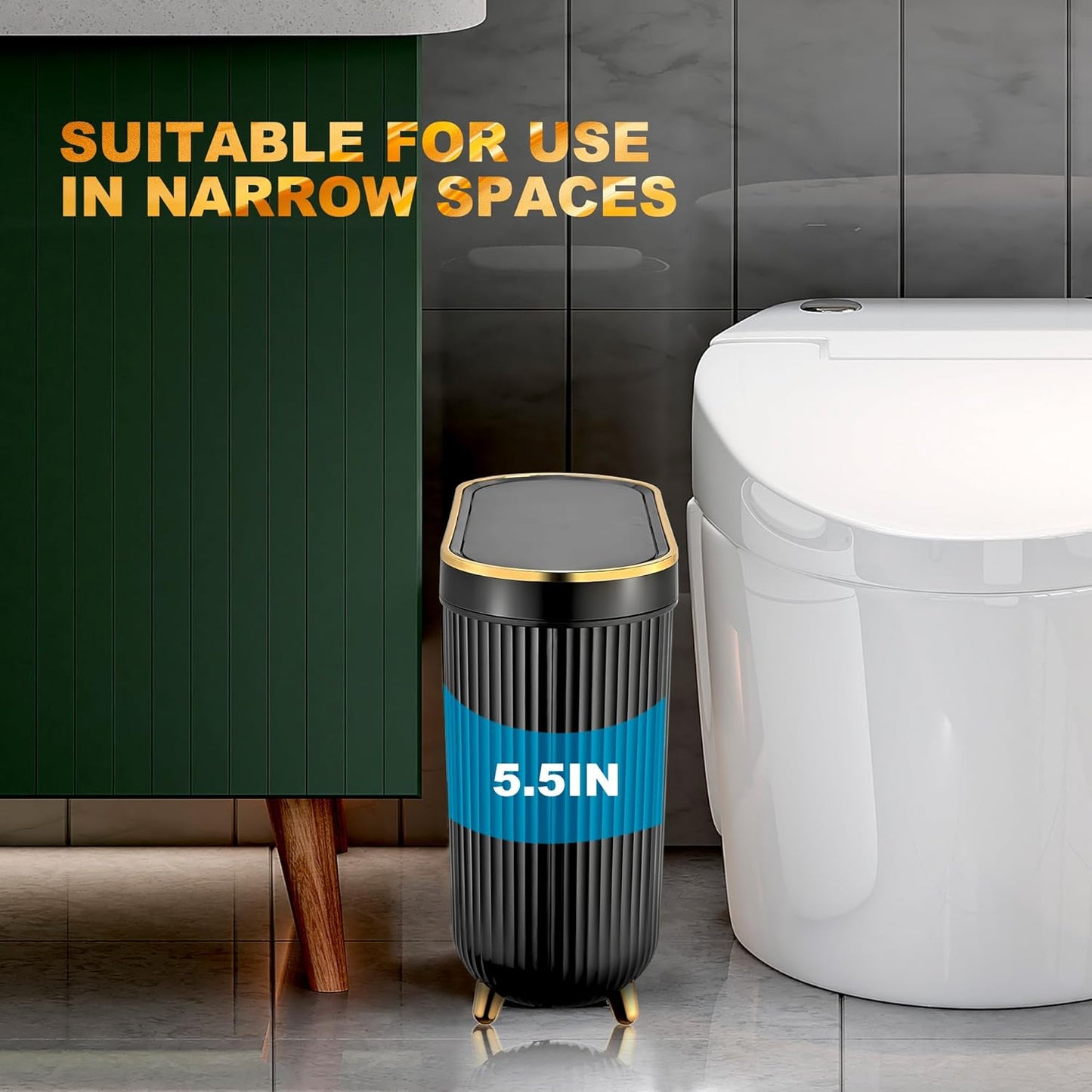 Bathroom Trash Can with Lid 3.1 Gallon Narrow Trash Can Small Plastic Trash Bin 12 Liter Rectangular Plastic Garbage Can with Press Type Lid for Bedroom Bathroom