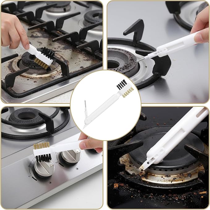 2Pcs Kitchen Cleaning Scrub Brush, 4 in 1 Deep Gas Stove Brass Wire Brush with Stiff Bristles and Cooktop Scraper Stainless Steel Scrubber for Range Hood Grease Grime Rust Cleaner Pot Pan