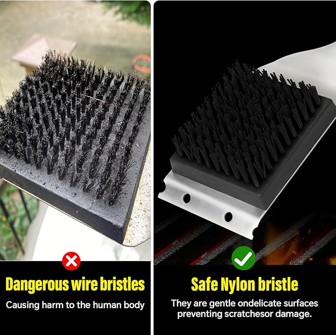 Grill Brush and Scraper, Dual Grip Design,Extra Strong BBQ Cleaner Accessories,Safe Nylon Bristles Barbecue Triple Scrubbers Cleaning Brush for Cast Iron Grates/Porcelain/Charcoal Grill