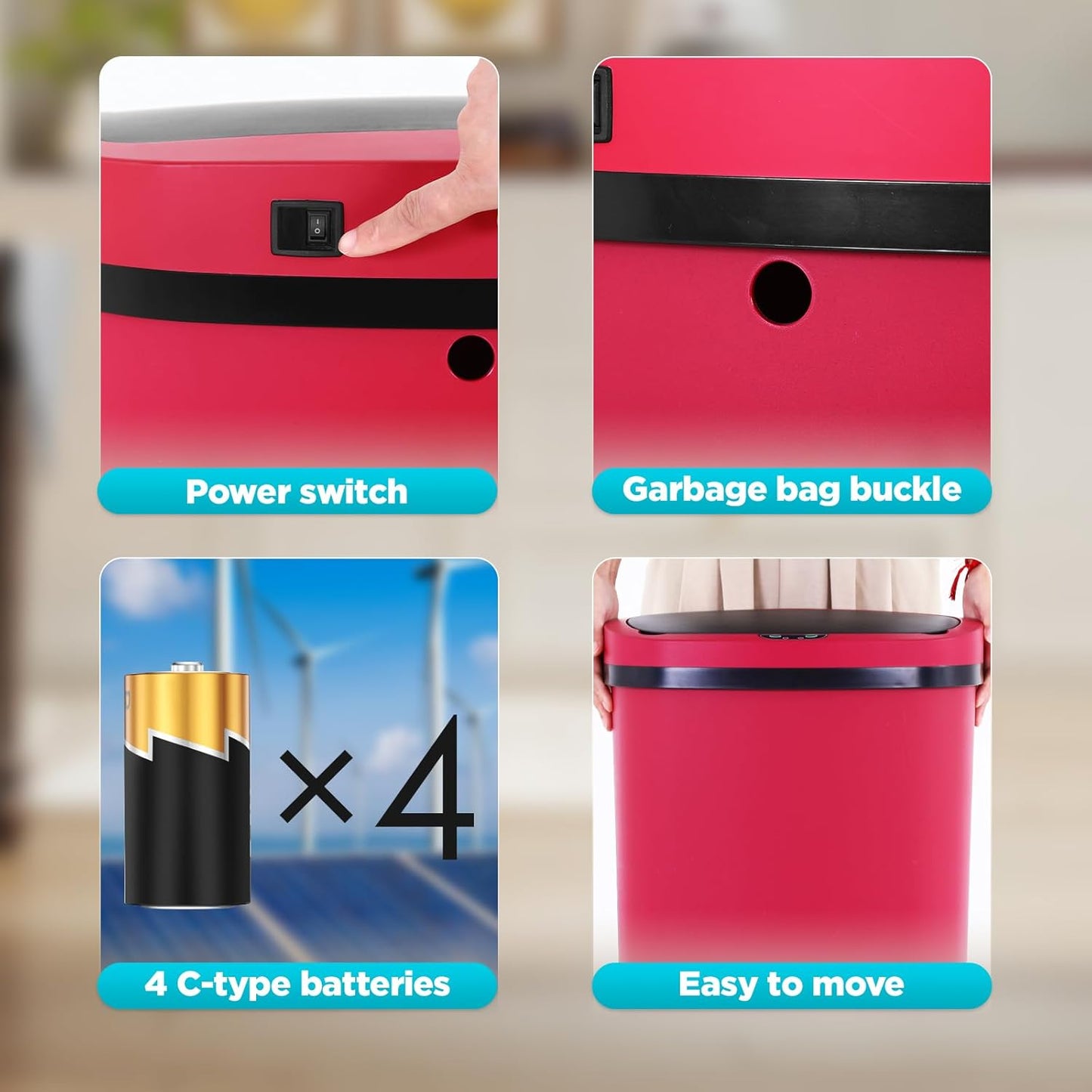 Automatic Motion Sensor Bathroom Trash Can with Lid, 13 Gallon Touchless Trash Bin, Smart Dog Proof Garbage Can, Touch Free Waste Basket for Toilet, Office, Bedroom,Red,2