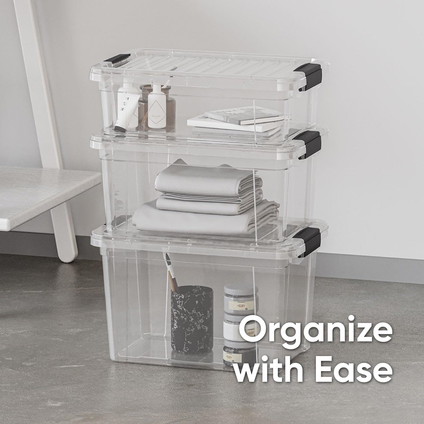 Superio Storage Bins with Lids- 4 Pack, 7.4 Qt Clear Boxes for Organizing, Stackable Plastic Containers- BPA Free, Non-Toxic, Odor Free, Organizer for Home, Office, Dorm
