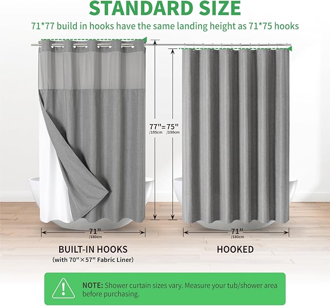 No Hooks Needed Linen Textured Shower Curtain with Snap-in Fabric Liner Set,Grey Hotel Luxury Decor Shower Curtains for Bathroom,Waterproof & Washable,71Wx77H