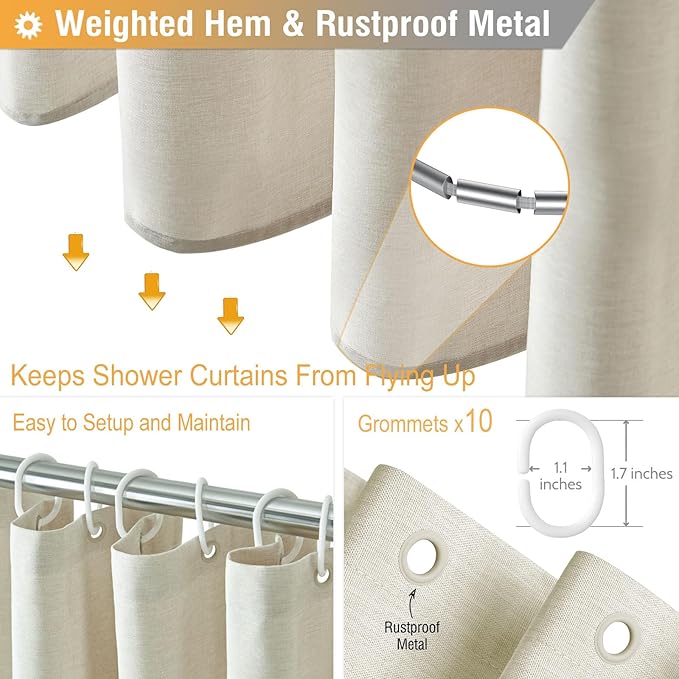 BTTN Stall Fabric Shower Curtain, 54x78 Inch Long Linen Textured Heavy Duty Thick Shower Curtain Set with 10 Plastic Hook, Hotel Spa Weighted Waterproof Neutral Bath Curtains for Bathroom, Light Cream