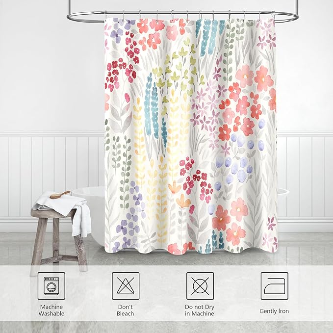 Extra Long Shower Curtain 72 x 96 Inch, Floor to Ceiling X-Long Tall Cute Floral Shower Curtain for Bathroom, Colorful Wildflower Boho Cottagecore Fabric Shower Curtain Set with Hooks, Ivory