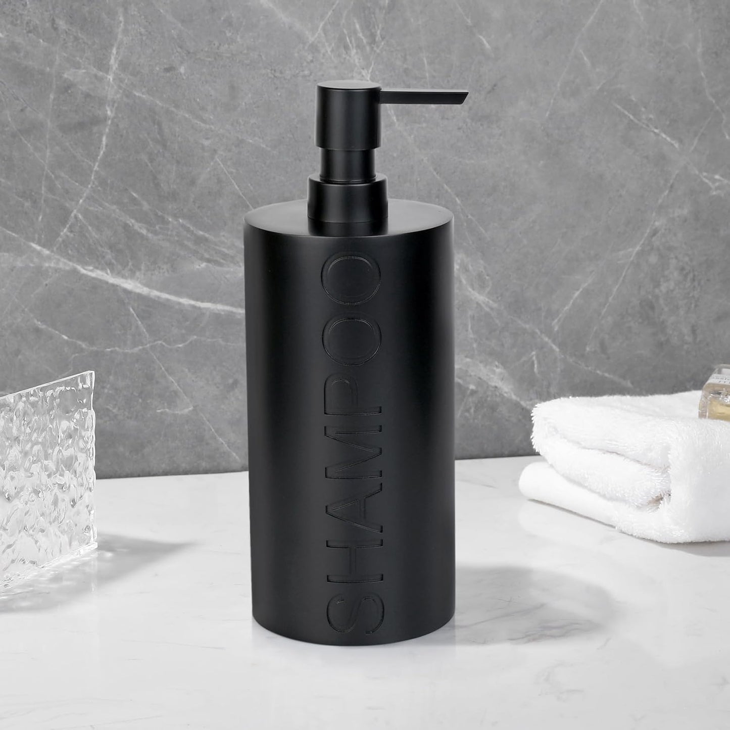 Matte Black Shampoo Dispenser Modern Refillable Pump Bottle with Embossed Text, Durable Resin Construction for Bathroom and Kitchen