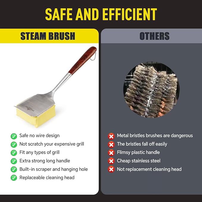Bristle-Free Steam Cleaning Grill Brush,with Extended Luxurious Rosewood Handle,Unique Wavy Pad Seamless-Fit Cast Iron/Stainless-Steel Grates,Safe Grill Cleaner for Outdoor Grill