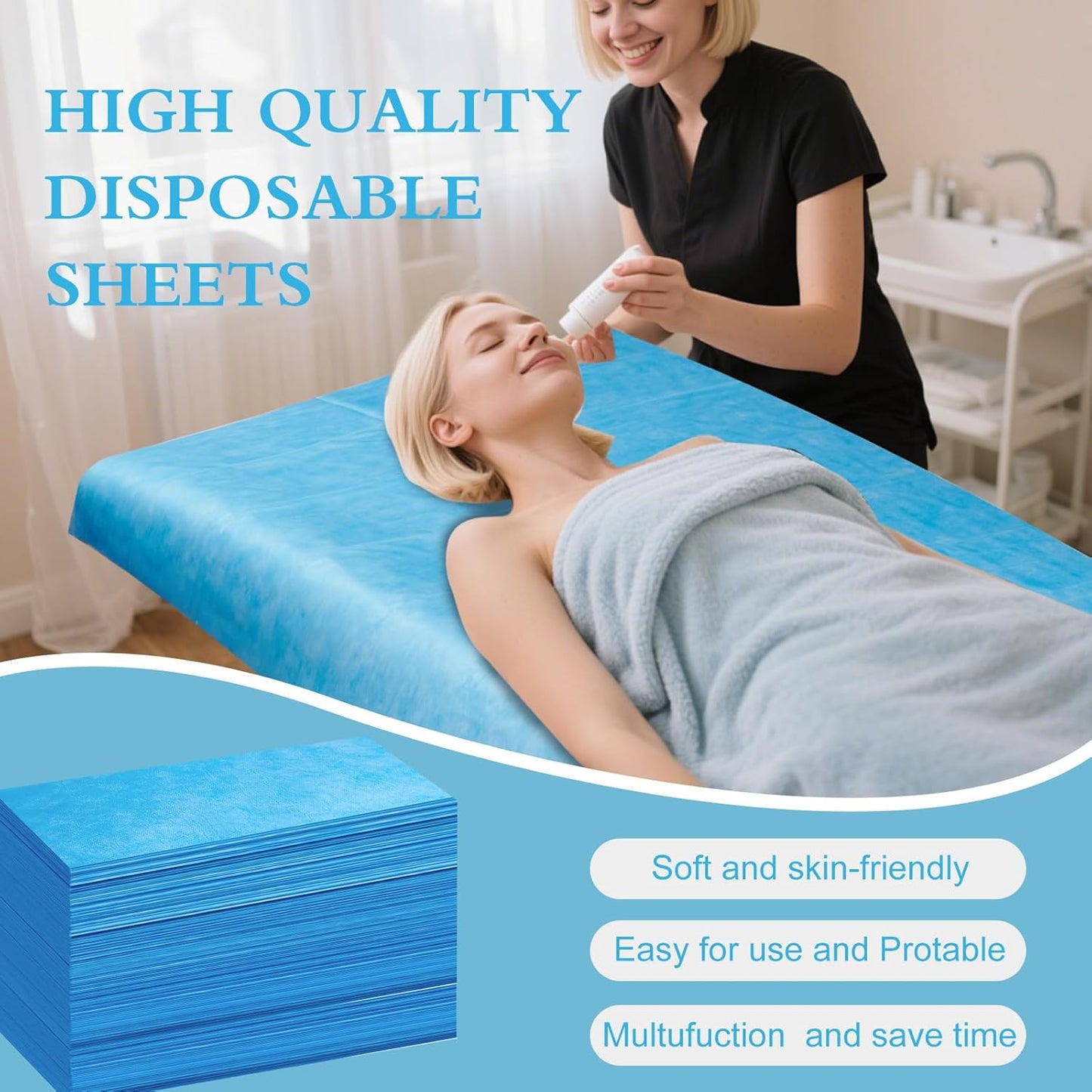 100 Pack Disposable Bed Sheets – 31.5 x 71 in Waterproof Non-woven Sheets for Massage, Spa, Tattoo & Salon Tables(Blue)