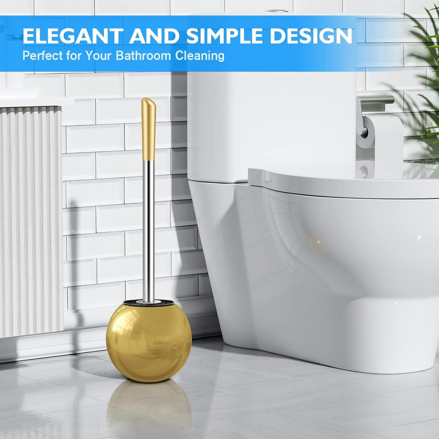 Toilet Brush and Holder 2 Pack, 304 Stainless Steel Toilet Brush with Extended and Durable Comfortable Brush Handle, Toilet Bowl Brush for Bathroom Toilet - Ergonomic, Pratical Durable (Gold)