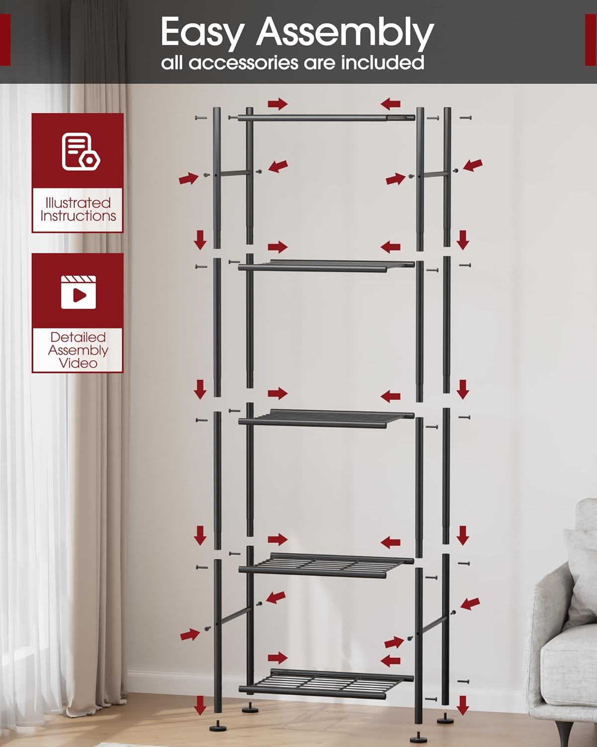 Storage Shelves - 5 Tier Shelf Organizer, Sturdy Metal Garage Shelving with Adjustable Leveling Feet, Space-Saving Shelves Organizer for Pantry, Laundry, Kitchen (18" x 12" x 57", Black)