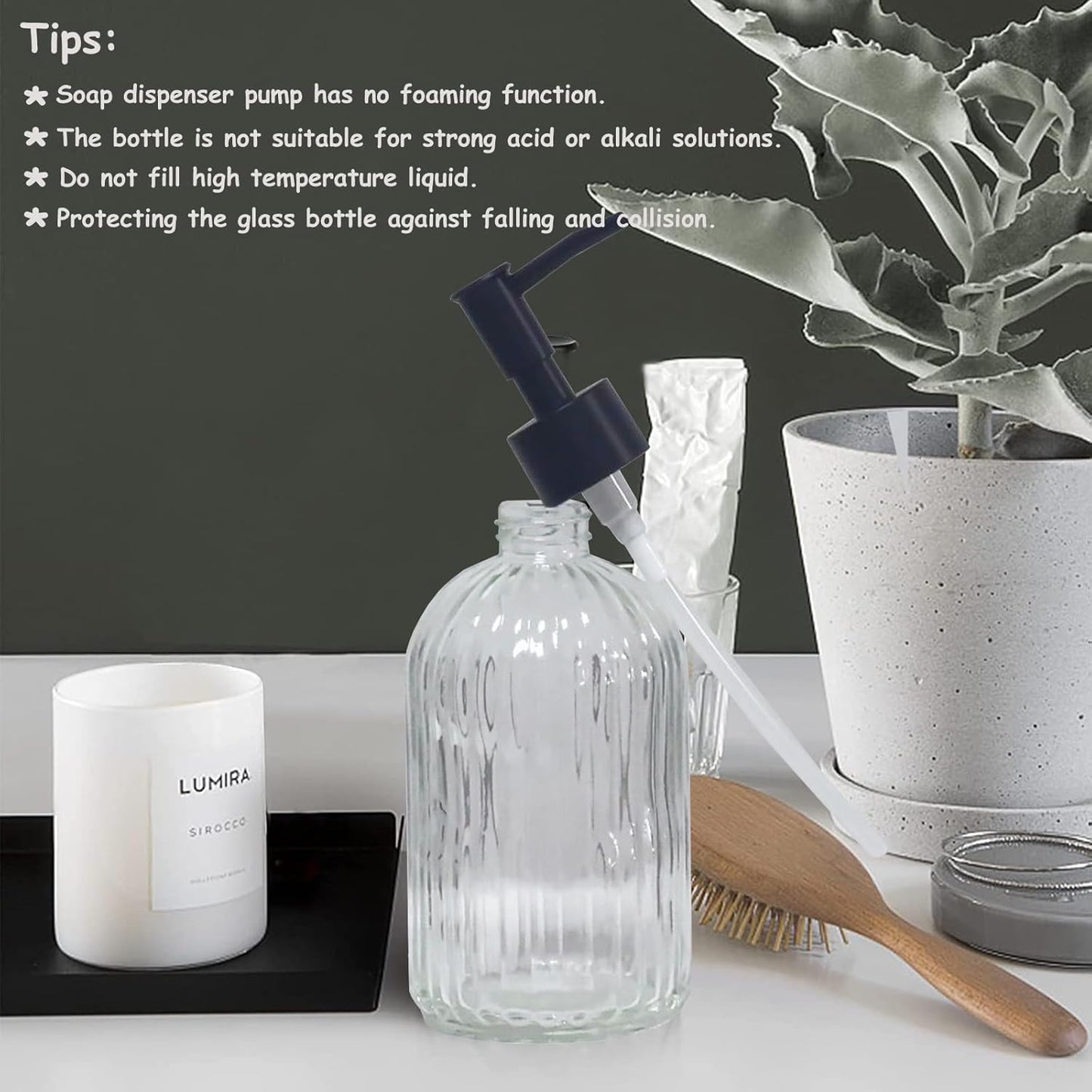 Clear Glass Soap Dispenser with Black Plastic Pump, 13.5oz Refillable Liquid Hand Soap Dispenser, Lotion Dish Soap Dispenser for Modern Home Decor, Bathroom, Kitchen Countertop, Hotel