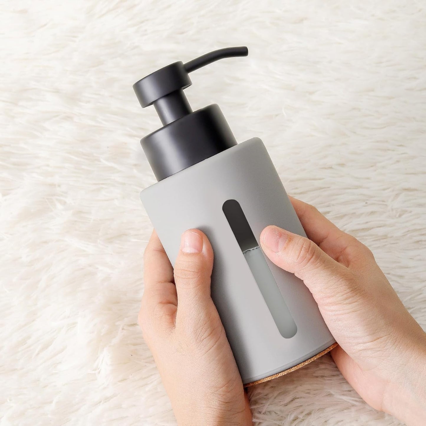 Enra Glass Dish Soap Dispenser with Window,12oz Light Gray Soap Dispenser with Stainless Steel Hand Lotion Pump,Refillable Bathroom Soap Dispenser for Bathroom Kitchen(Light Gray/Liquid Type)