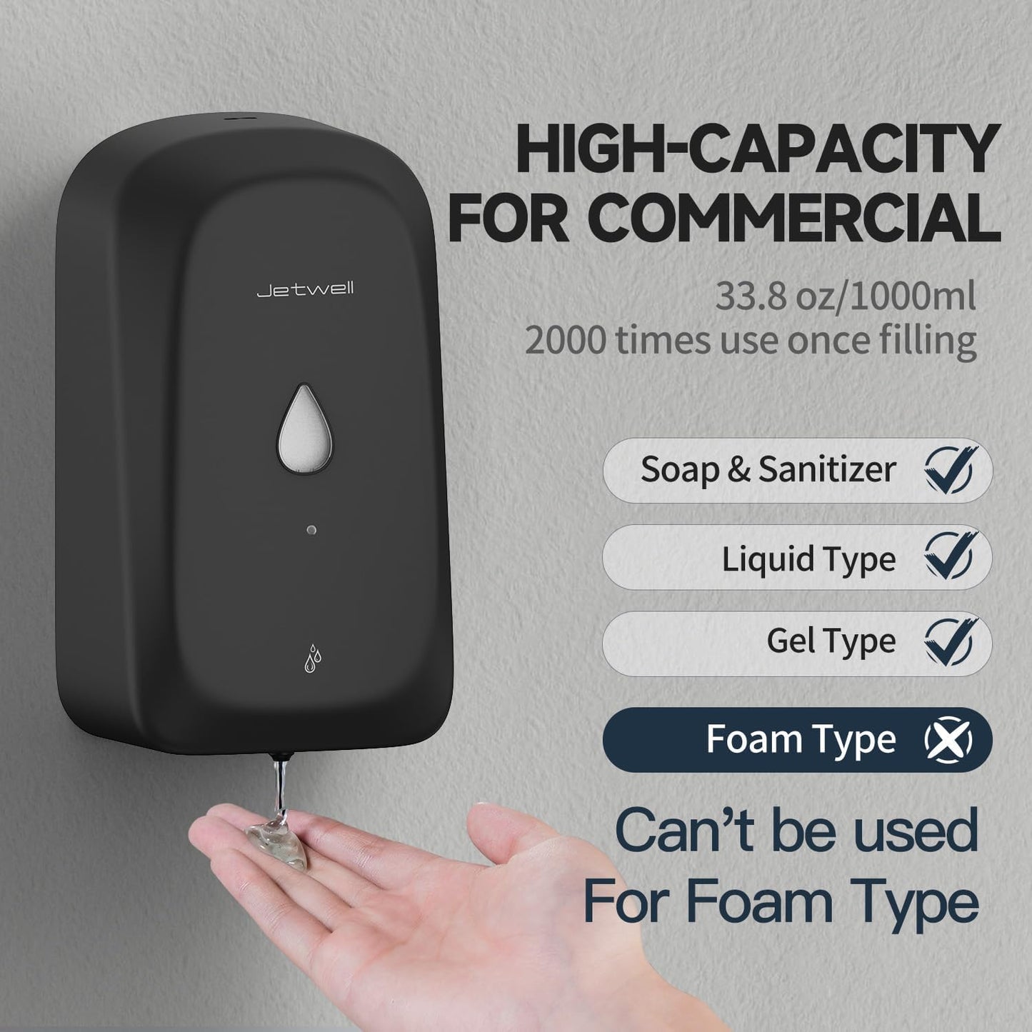 JETWELL Automatic Touch-Less Wall Mount Hand Soap Dispenser Liquid Drop Battery Operated, Black Matte Stainless Steel Cover Large Capacity 34OZ/1000ML for Kitchen Home Commercial Bathroom