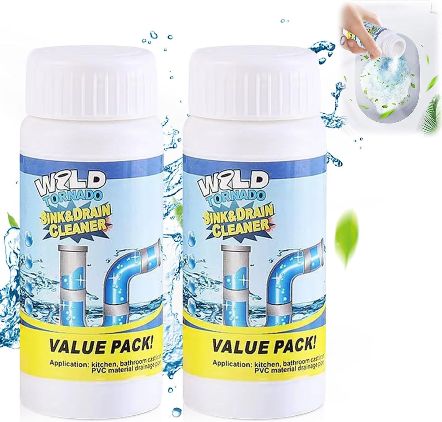 Wild Tornado Pipe Dredge,Powerful Sink Cleaner Powder Fast Foaming for Kitchen Toilet Pipeline Quick Cleaning Tool(2pcs)