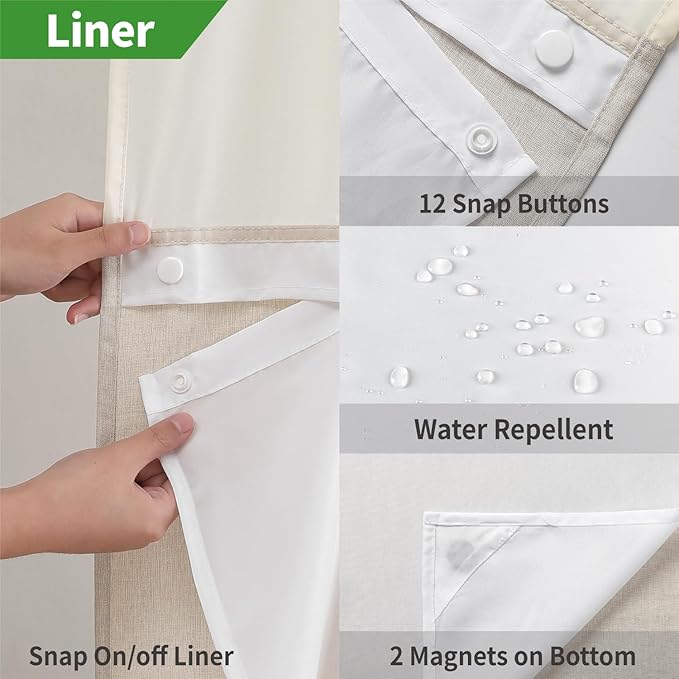 Extra Long No Hooks Needed Linen Textured Shower Curtain with Snap-in Fabric Liner Set,Cream Hotel Luxury Decor Shower Curtains for Bathroom,Waterproof & Washable,71Wx92H