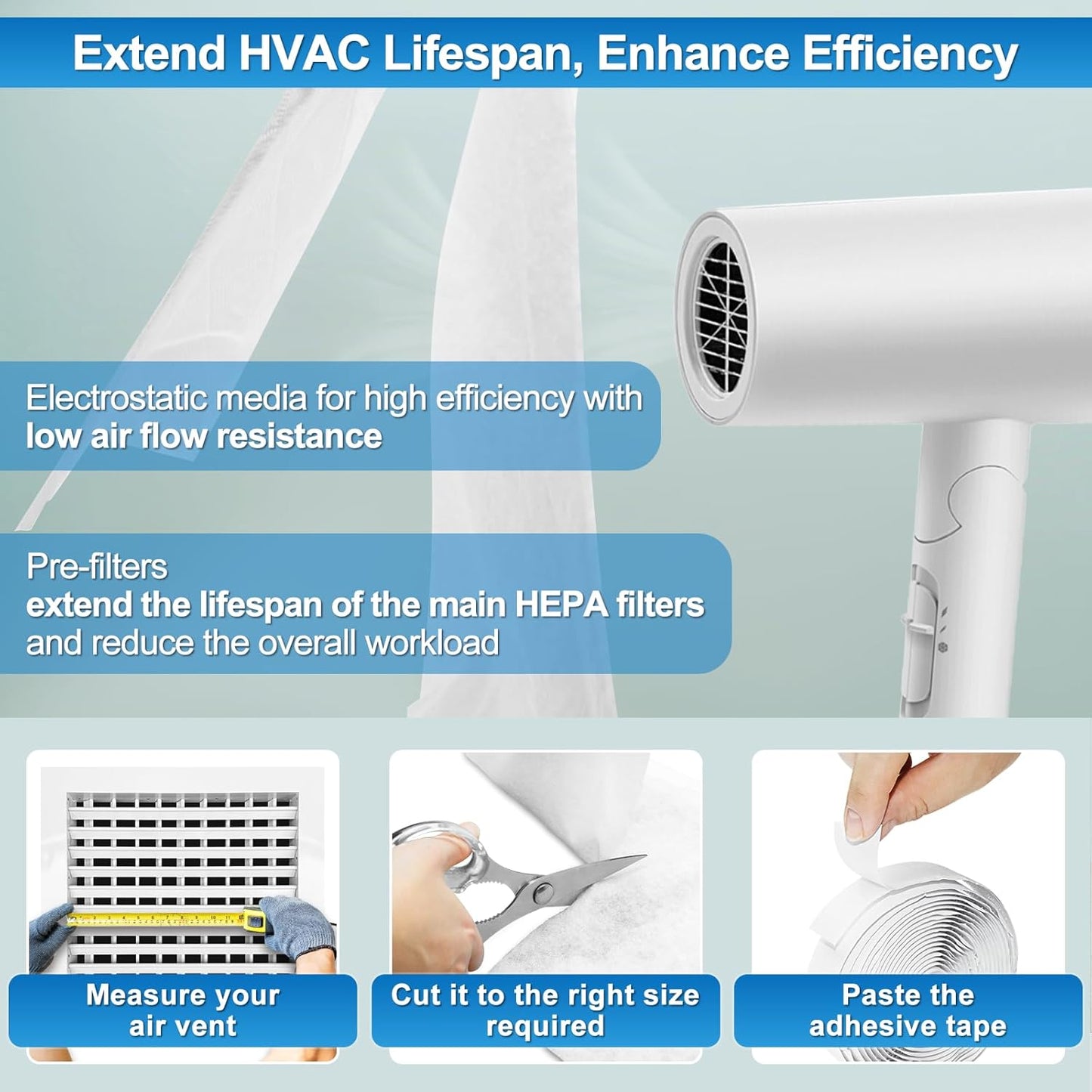 UCINNOVATE MERV 13 Filter Media 20"x90", 12.5 Ft² Cut to Fit Electrostatic Air Vent Filters with 125" Tape, Stop Dust, Pollen and Pet Dander(0.3 Microns) for HVAC AC Vent Purifiers Fan Registers