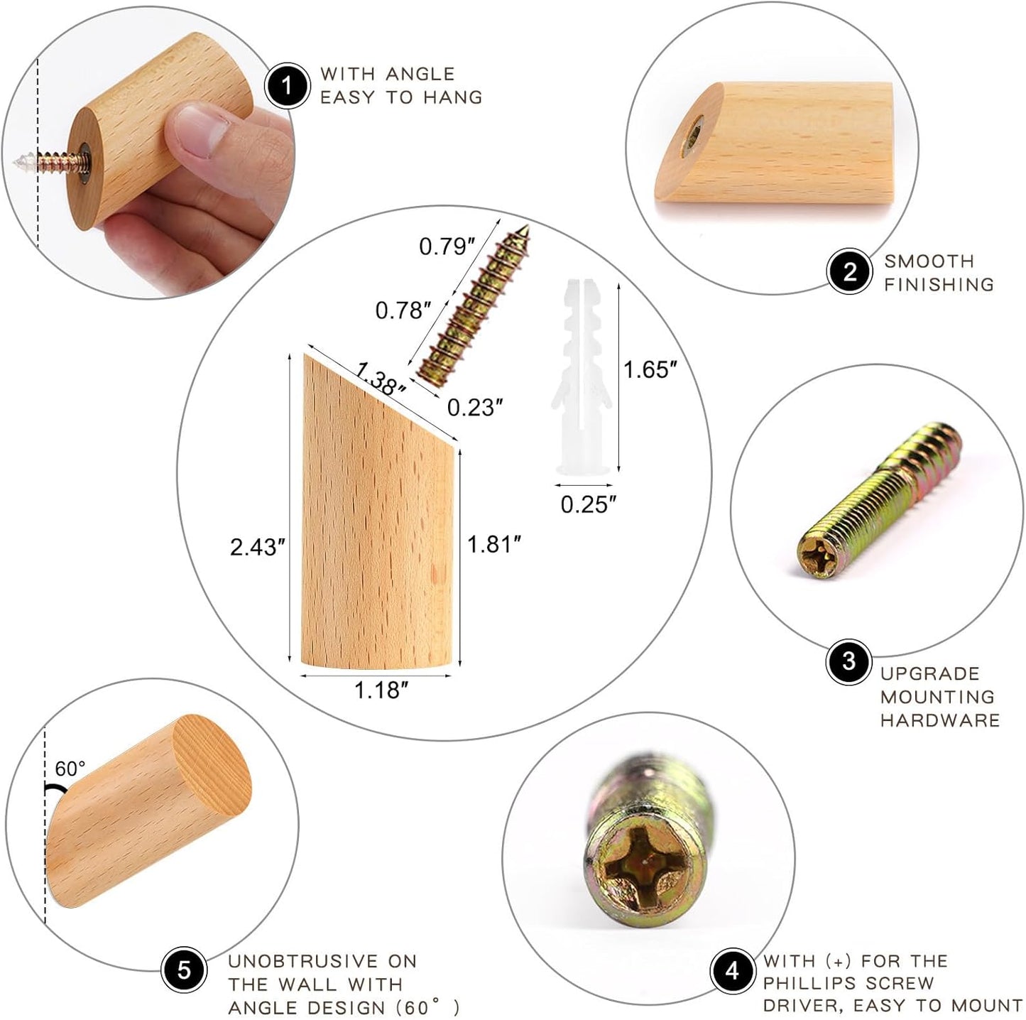 Wooden Wall Hooks, 2 Pack Coat Hooks Wall Mounted - Natural Wood Hook Coat Rack, Heavy Duty Hooks for Hanging Towels Entryway Coats Hat Rack for Wall (Beech Wood)