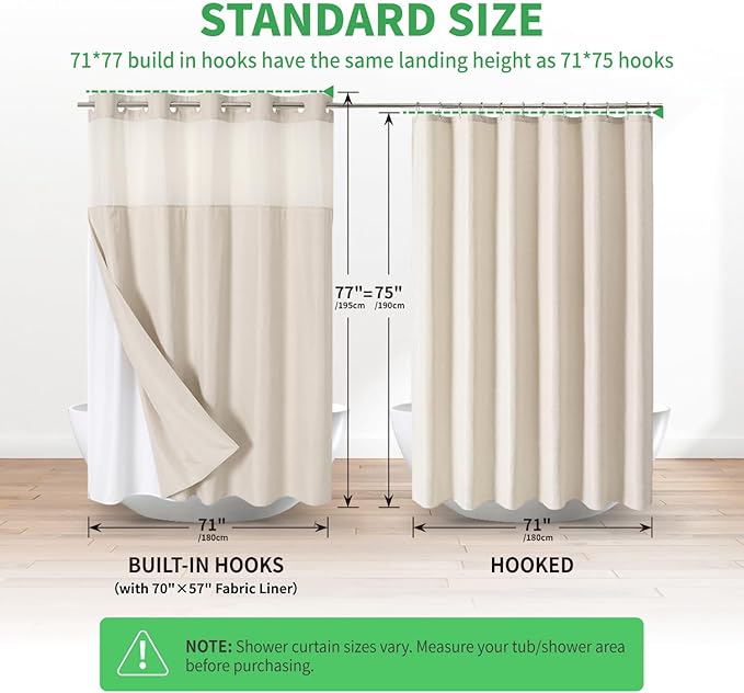No Hooks Needed Linen Textured Shower Curtain with Snap-in Fabric Liner Set,Cream Hotel Luxury Decor Shower Curtains for Bathroom,Waterproof & Washable,71Wx77H