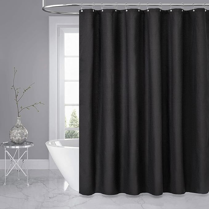 Dynamene Stall Fabric Shower Curtain - 60 x 84 inch Long Waffle Weave Weighted Thick Cloth Shower Curtains for Bathroom, Neutral Heavy Duty Hotel Spa Luxury Bath Curtain Set with 10 Hooks, Black