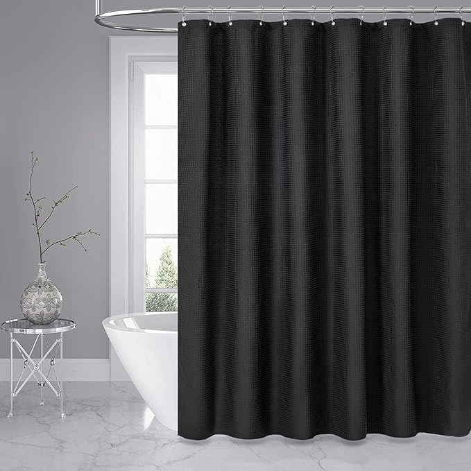 Dynamene Extra Long Shower Curtain,96 Inch Long Waffle Weave Heavy Duty Thick Cloth Bathroom Shower Curtain, Neutral Weighted Hotel Bath Curtain Set with 12 Plastic Hooks,72x96,Black