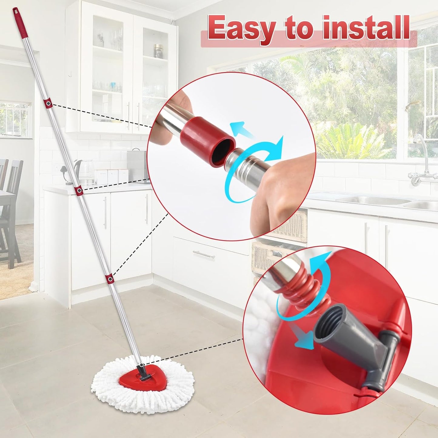 Mop Handle for Ocedar, Mop Handle for O Cedar, Spin Mops Replacement Stick and Base for Ocedar, 4-Section Mops Handles and Base for O Cedar, 30" to 58" Mop Stick Pole and Base for Cedar Mop