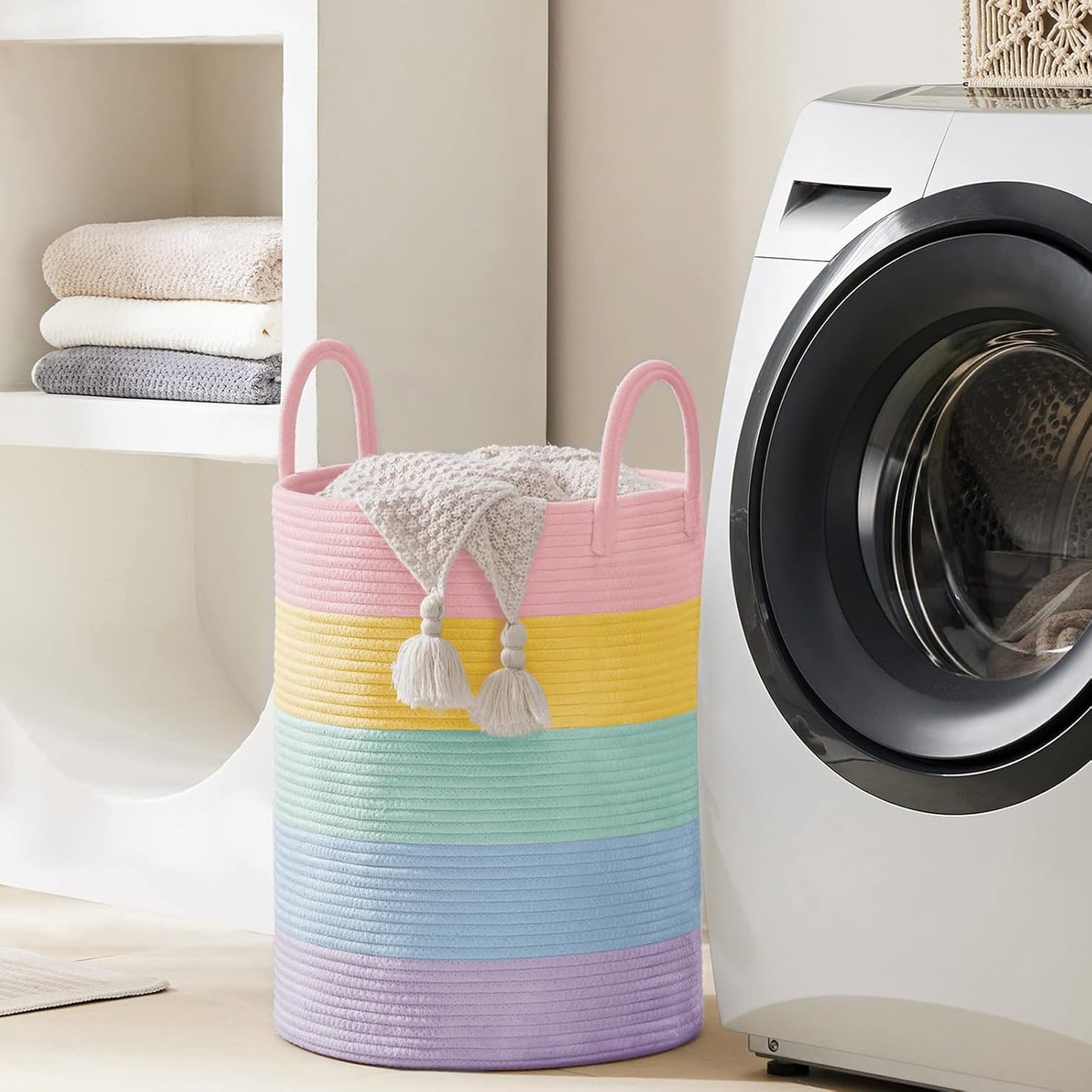 YOUDENOVA Laundry Hamper Basket, Woven 58L Tall Laundry Basket for Blanket Organizer- Clothes Hamper Baby Nursery Hamper for Blanket Storage in Bedroom
