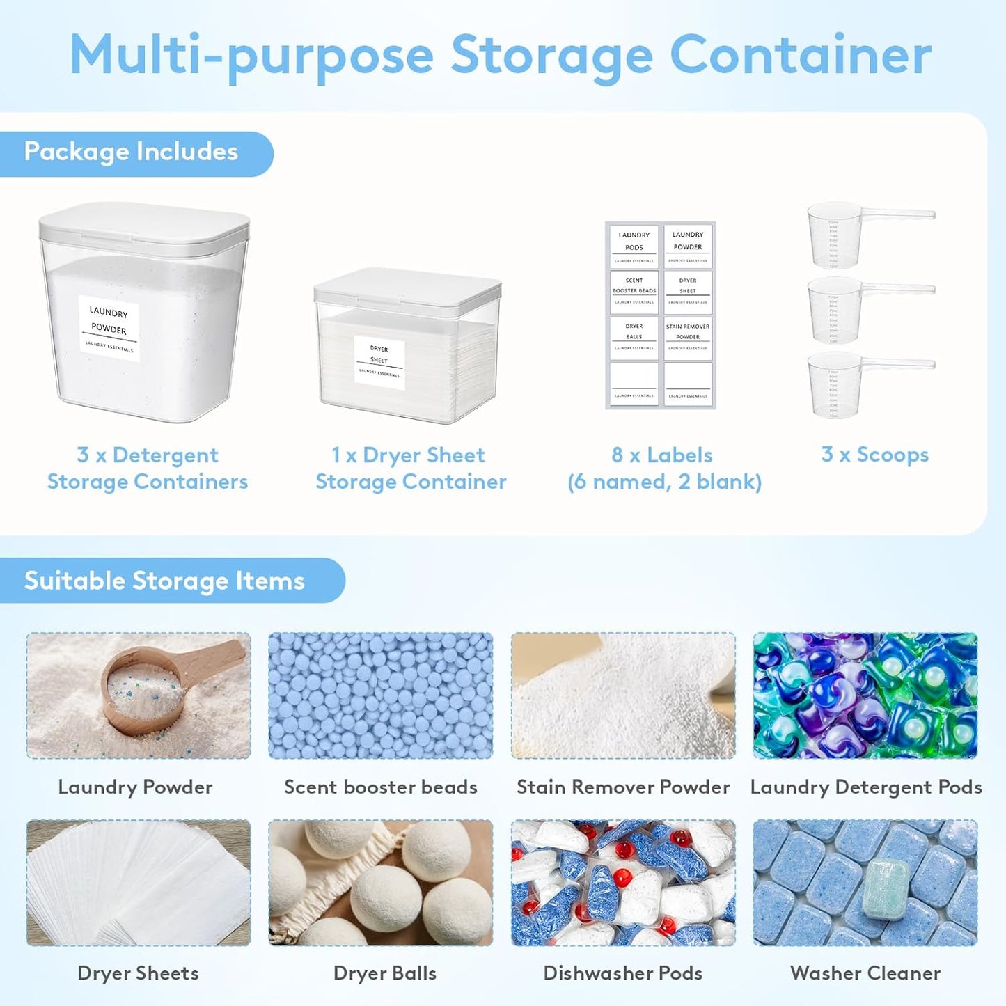 Lifewit 3+1 Laundry Pods Container & Dryer Sheet Holder, Large Powder Detergent Dispenser Storage Jars, Laundry Room Containers for Scent Booster Beads with Pop up Lids, Labels and Scoop