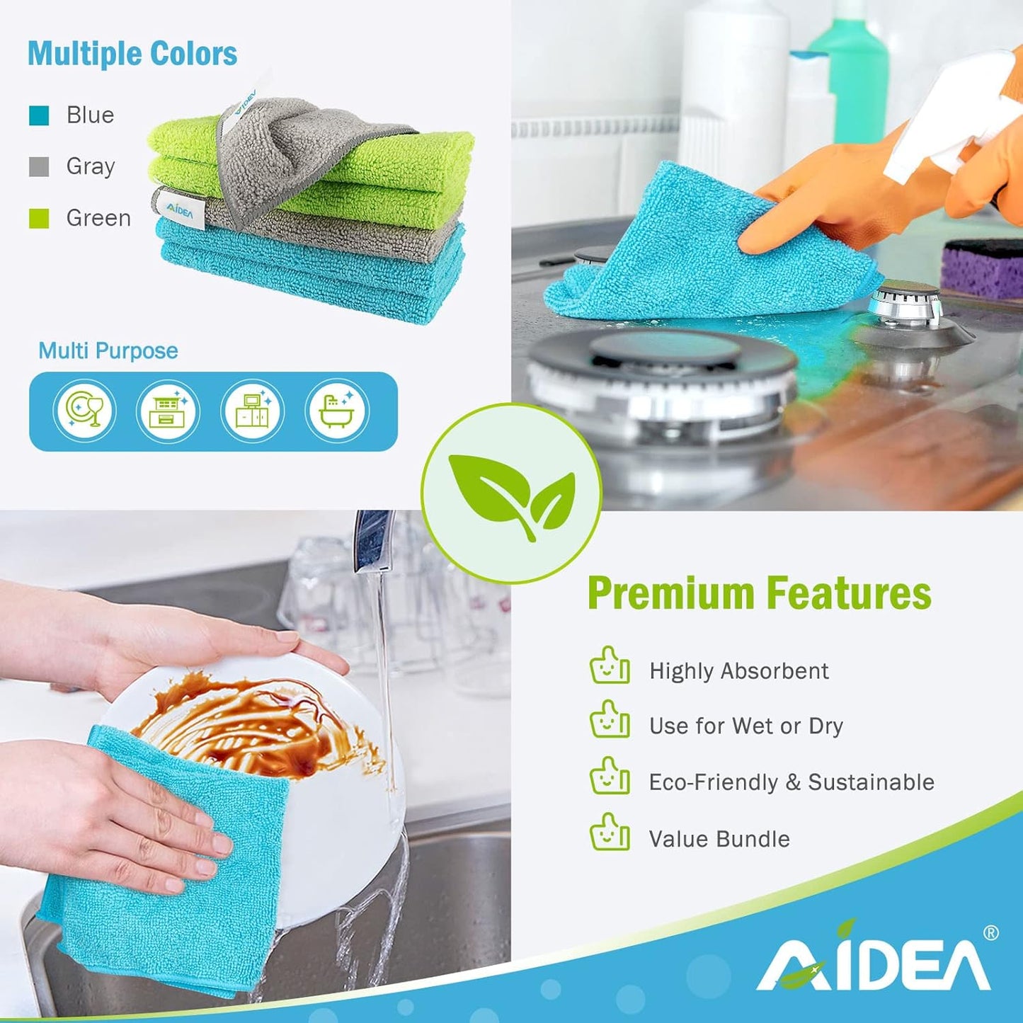 AIDEA Microfiber Cleaning Cloth-50PK, Soft Microfiber Towels for Cars, Absorbent Cleaning Rags, Lint-Free Streak-Free Wash Cloths for House, Kitchen, Window(12in.x12in)