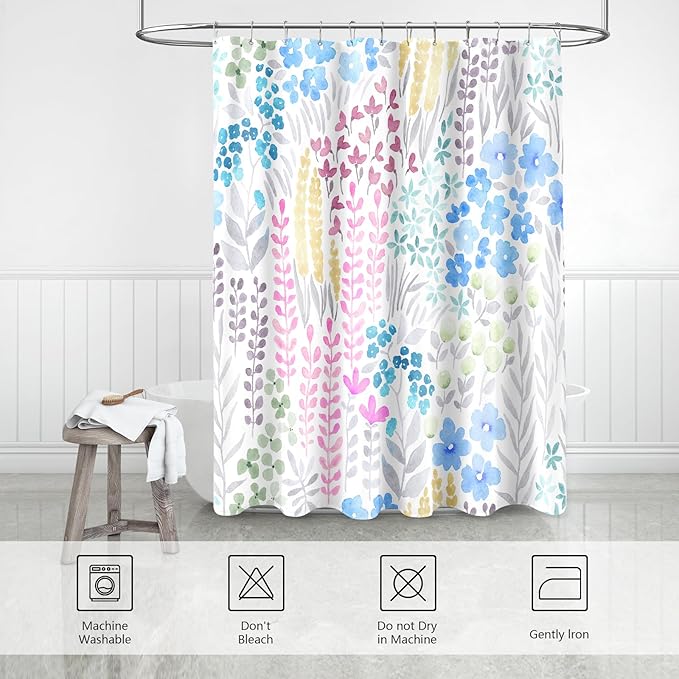 Extra Long Shower Curtain 72 x 84 Inch, Tall Cute Floral Shower Curtain for Bathroom, Blue Pink Yellow Wildflower Boho Cottagecore Fabric Shower Curtain Set with Hooks