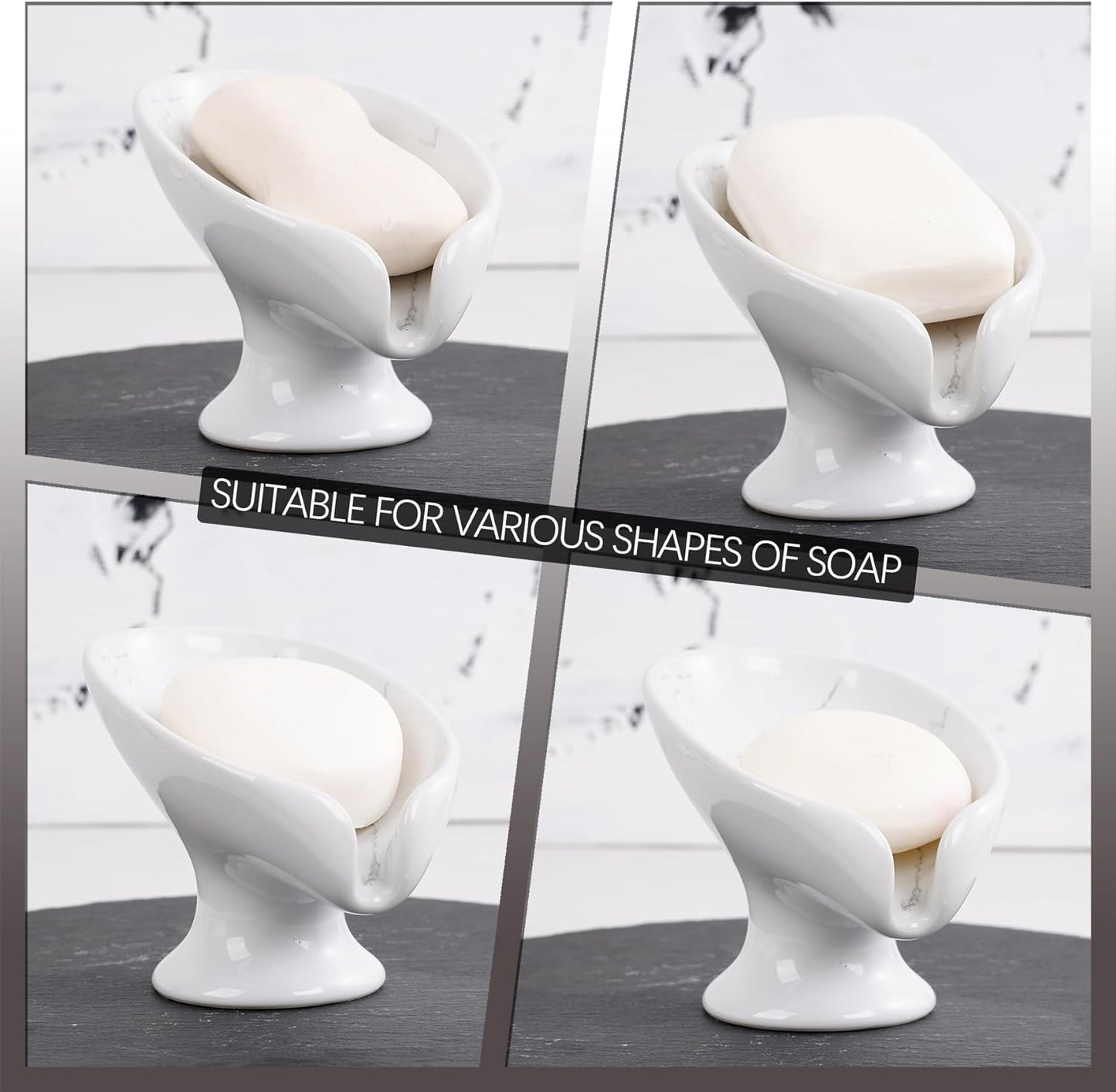 Soap Dish, Self Draining Bar Soap Holder for Bathroom Sink, Leaf Shaped Drainage Ceramic Marble Porcelain Decorative Soap Dish, No Suction Cup, ANTIS'S HOME