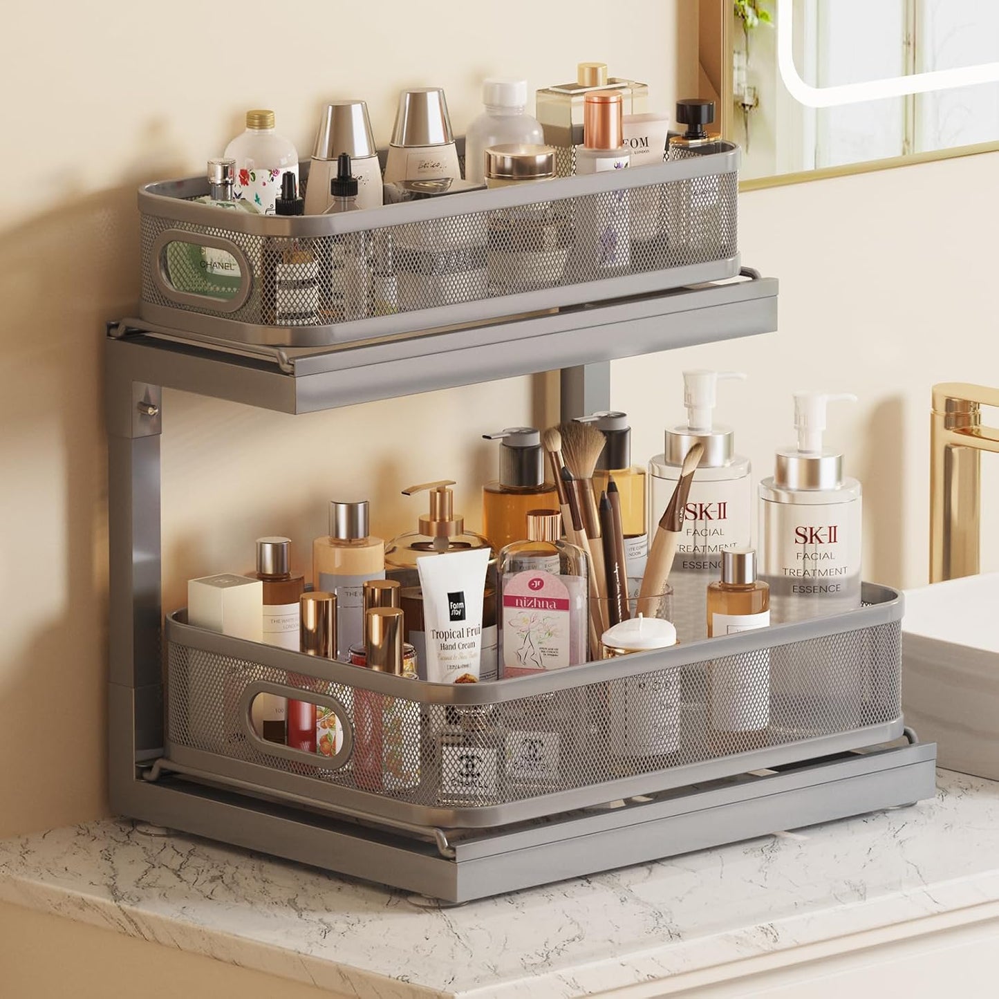 2-Pack Under Sink Storage Organizer with 2-Tier Slide Out Drawer, Sophisticated Mesh Pull Out Shelf for Kitchen & Bathroom, Fits Small Items, Upgraded Arched Track for Smooth Gliding(Patented)