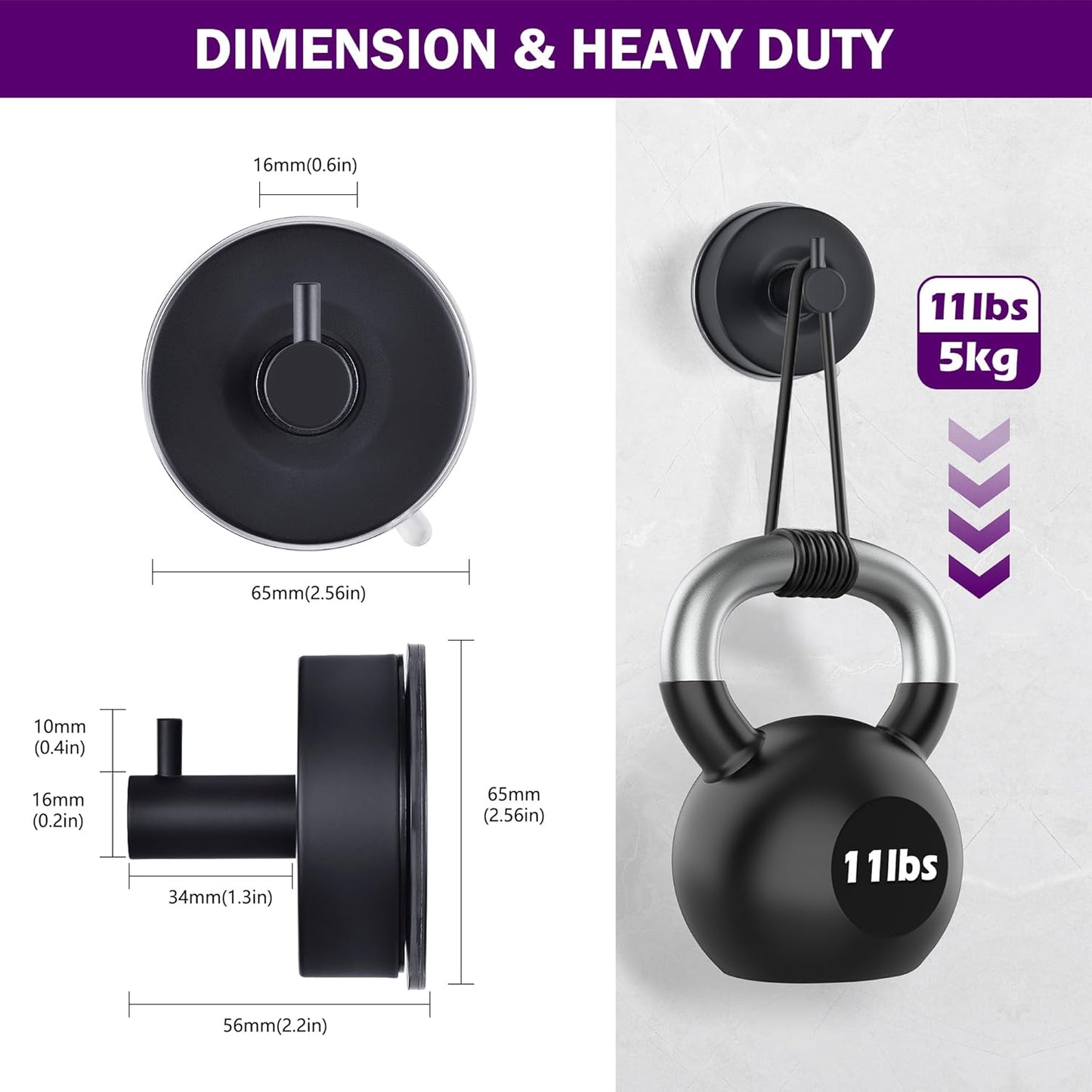 JOMOLA Stainless Steel Bathroom Suction Hooks - No Drill Adhesive-Free Wall Mount for Shower, Towel & Robe, Rustproof Metal Hardware with Damage-Free Grip, Matte Black (2-Pack)