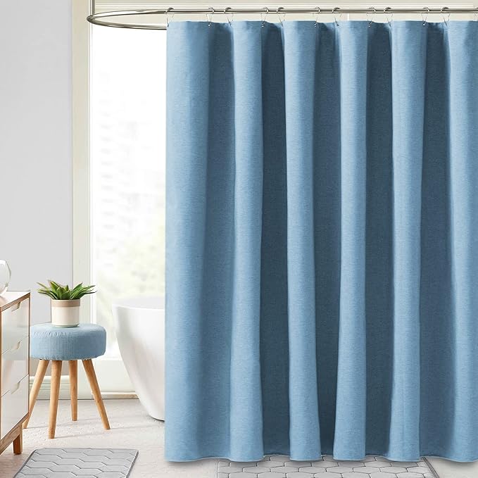 BTTN Extra Long Shower Curtain - 84 Inch Blue Linen Textured Heavy Duty Fabric Shower Curtain Set with 12 Hooks, Tall Luxury Simple Waterproof Cloth Shower Curtains for Bathroom, 72x84, Moonlight Blue