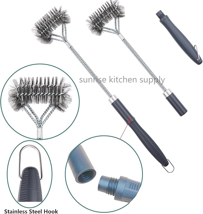 SUNRISE Fryer Brush with Long Handle (Stainless Steel with Plastic Handle, Double Brush)