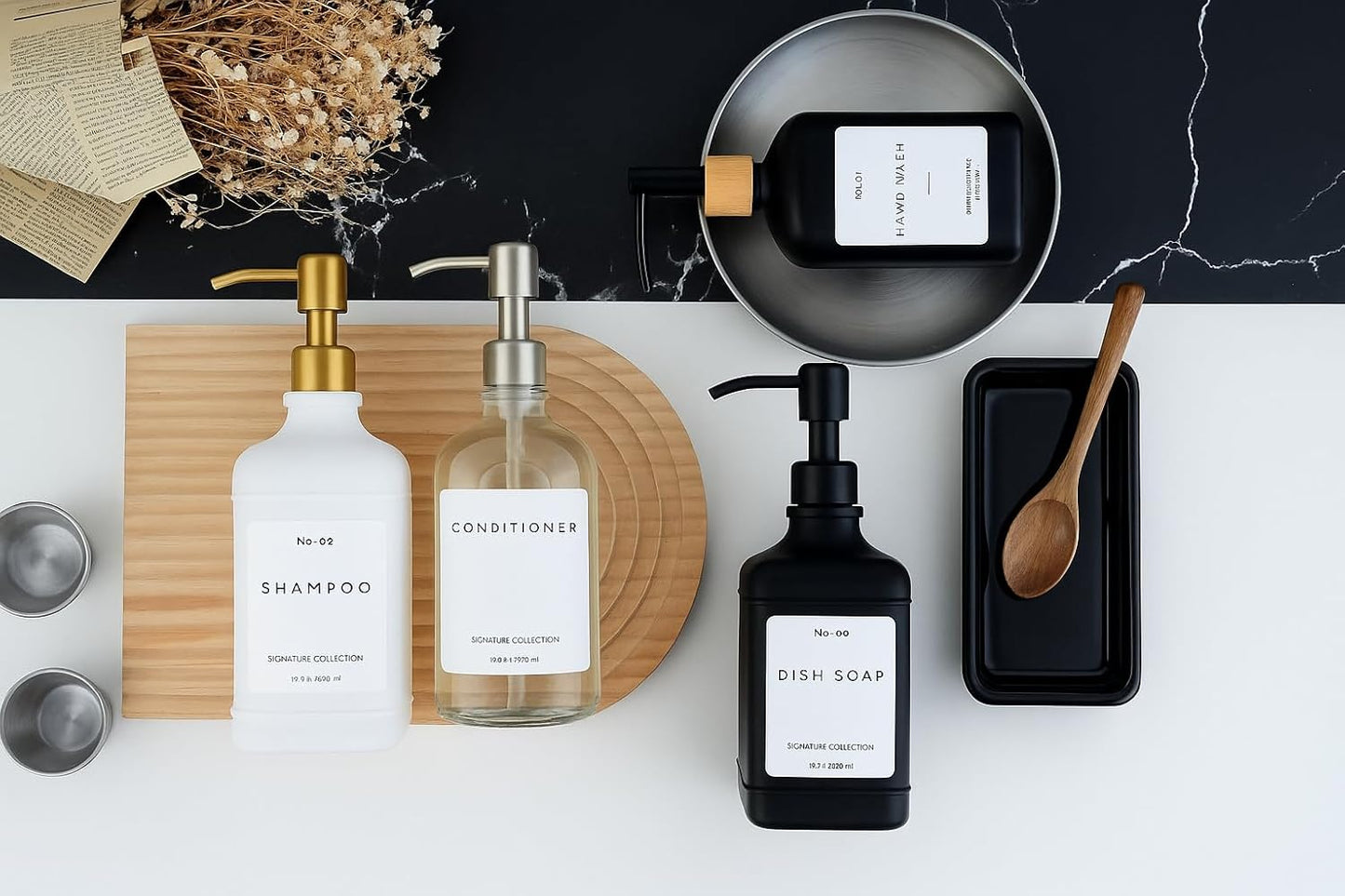 Emerson Essentials Soap Dispenser, Dish Soap Dispenser, Soap Bottle Bathroom Set, Hand Soap Farmhouse, Kitchen Soap Bottles - Glass Soap Dispenser with Pump and Labels, 16 Oz, 2 Pack