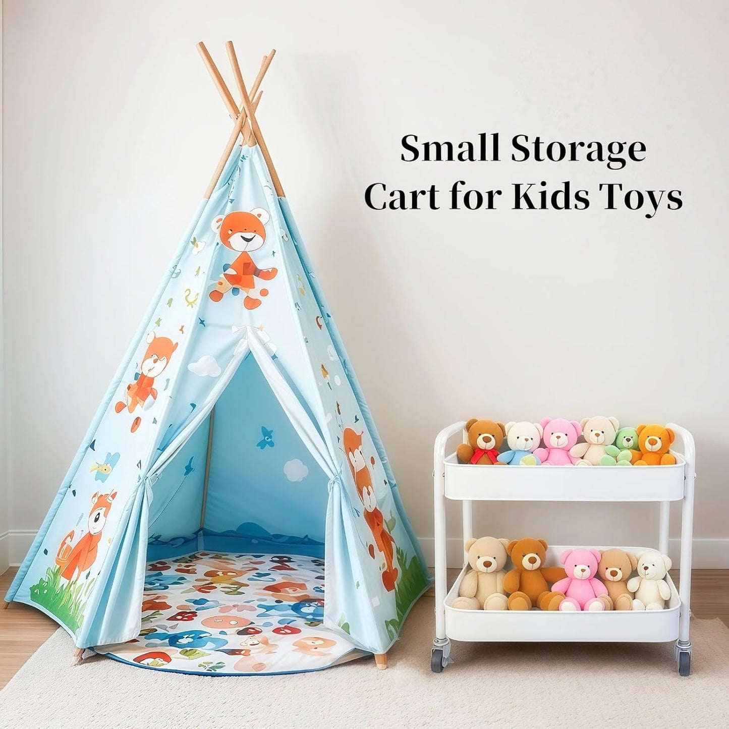 2 Tier Metal Rolling Cart with Wheels for Under Desk Storage & Pantry Storage, High Load-Bearing Kitchen Utility Cart for Small Space, Laundry Room Organization Side Table with 4 Hooks, White